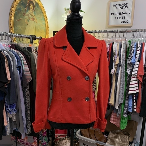 #122 Vintage H&M Cherry Red Fitted Pin Stripe Lined Blazer Suit Jacket Size 10 - Picture 1 of 3